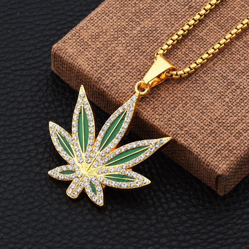 Dry Herb Vaping Accessories - Rhinestone Weed Pendant Necklace Men Maple